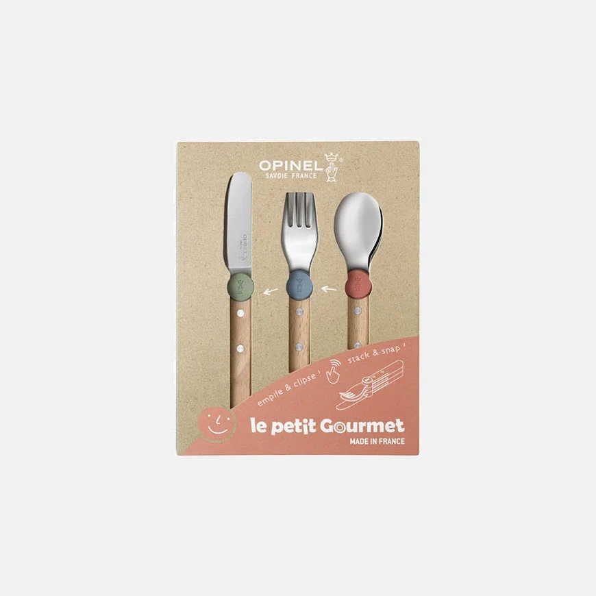 Ceramic Coated Opinel Le Petit Gourmet, kniv, gaffel og ske til børn, blandede farver