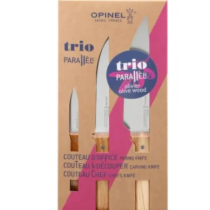 Sæt Trio Parallèle, 3 køkkenknive i stain-free stål og oliventræ fra Opinel