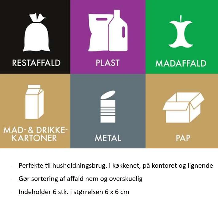 Affaldssorteringspakke – 6 stk. – Klistermærker til affaldssortering pakke