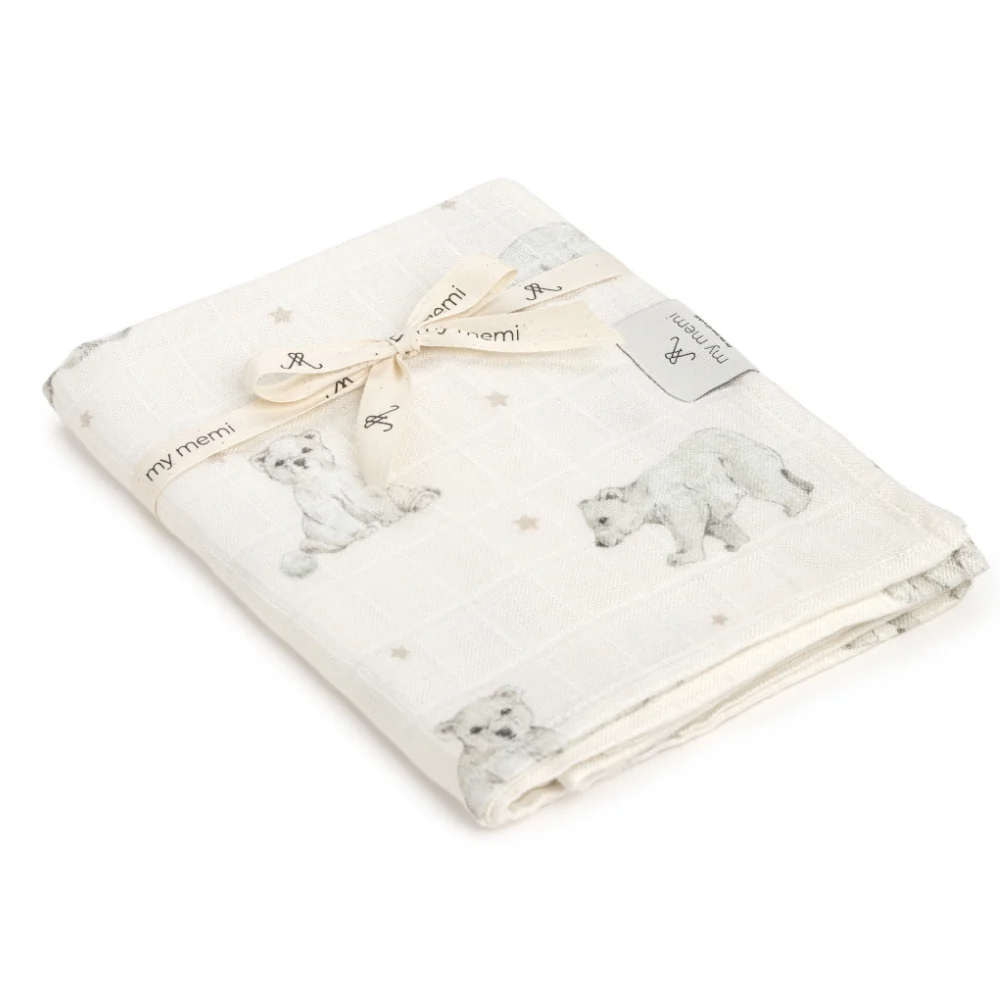 Memi Bambus-muslin-sengetæppe med små bjørne 120 x 120 cm