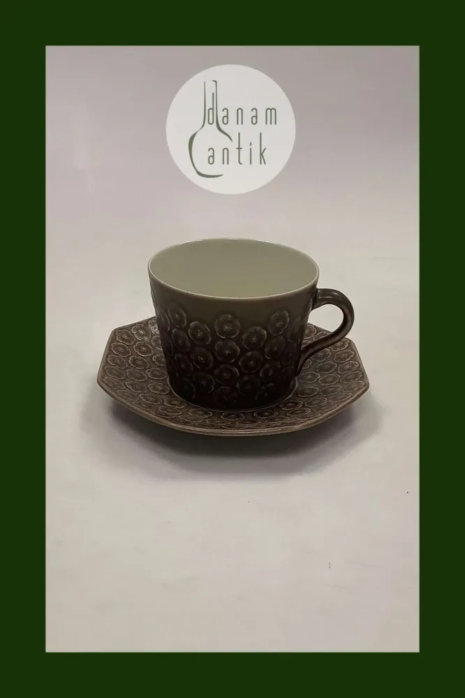 Bing og Grøndahl Kronjyden Brun Umbra Azur Kaffekop med ottekantet underkop