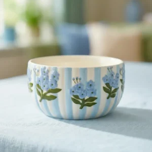 Blå blomstret skål med striber - 12 cm