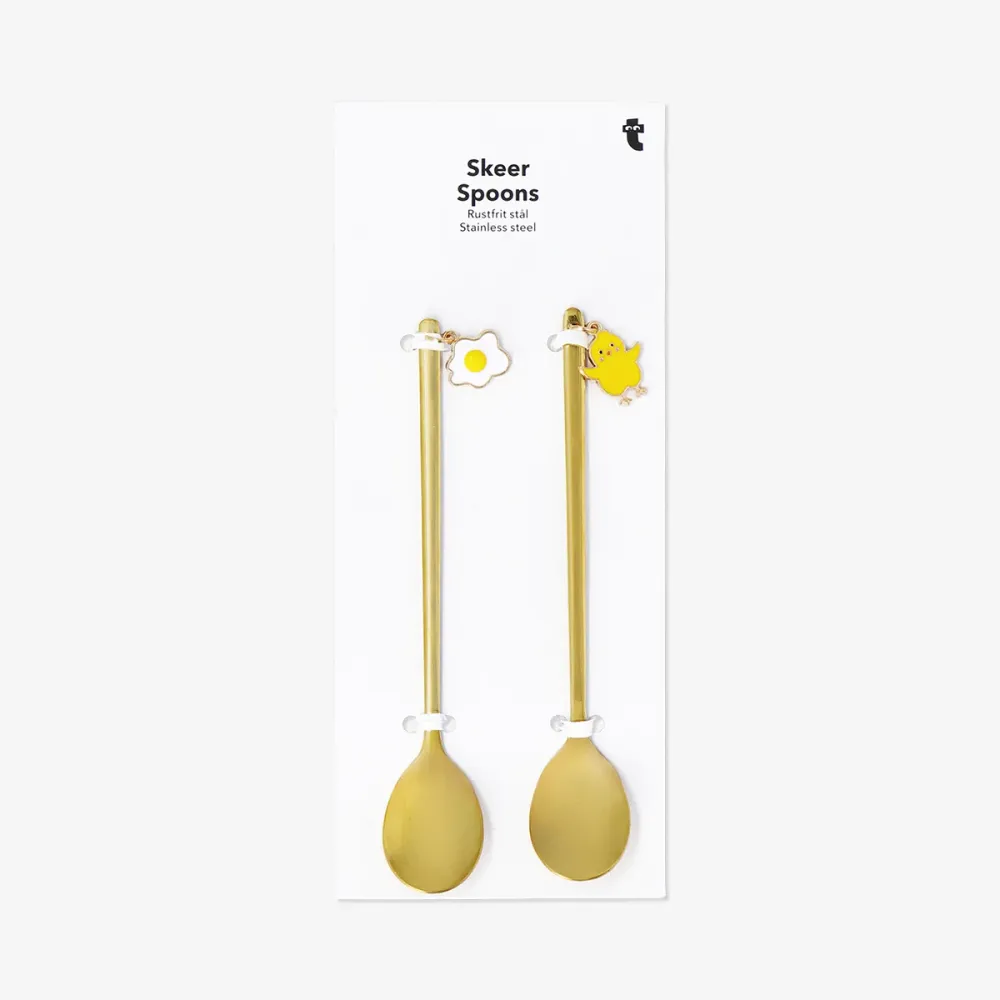 Dessertskeer i guld med charms af kylling og spejlæg - 2 stk.