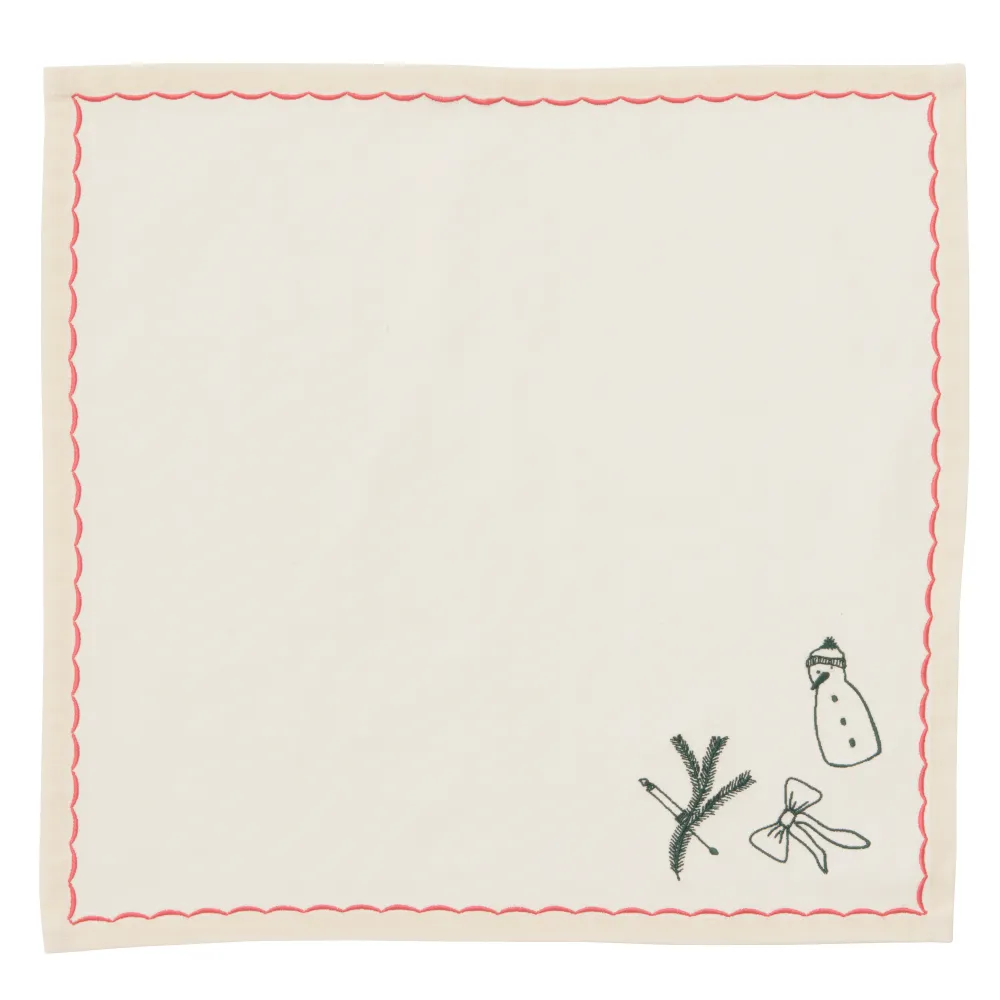 Julebroderet mundserviet, pink/grøn - 40x40 cm.