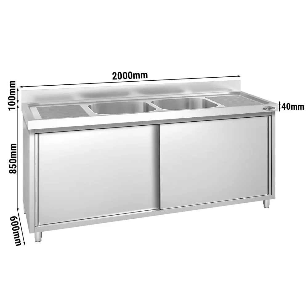Køkkenvask stål - med underskab - PREFERRED - 2,0m - 2 vaske i midten L 40 x B 40 x D 25 cm