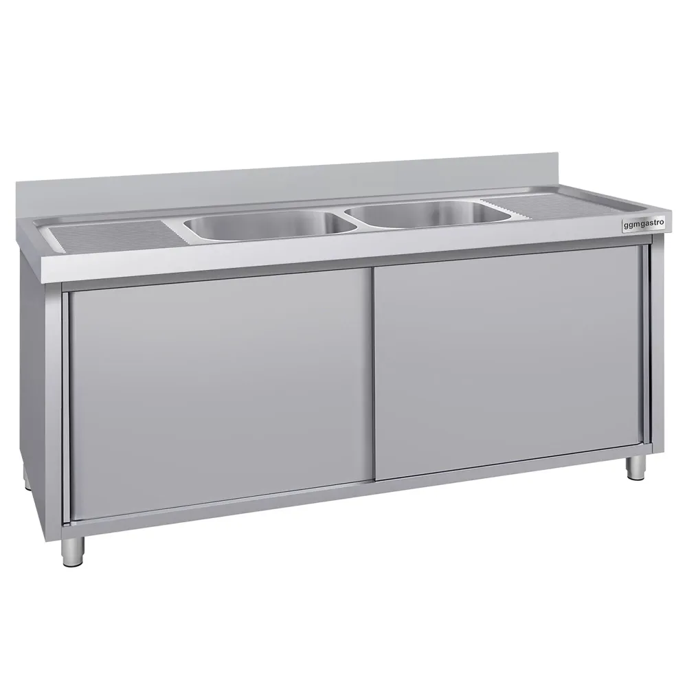 Køkkenvask stål - med underskab - PRIME - ECO - 2000x600 mm - med 2 håndvaske i midten
