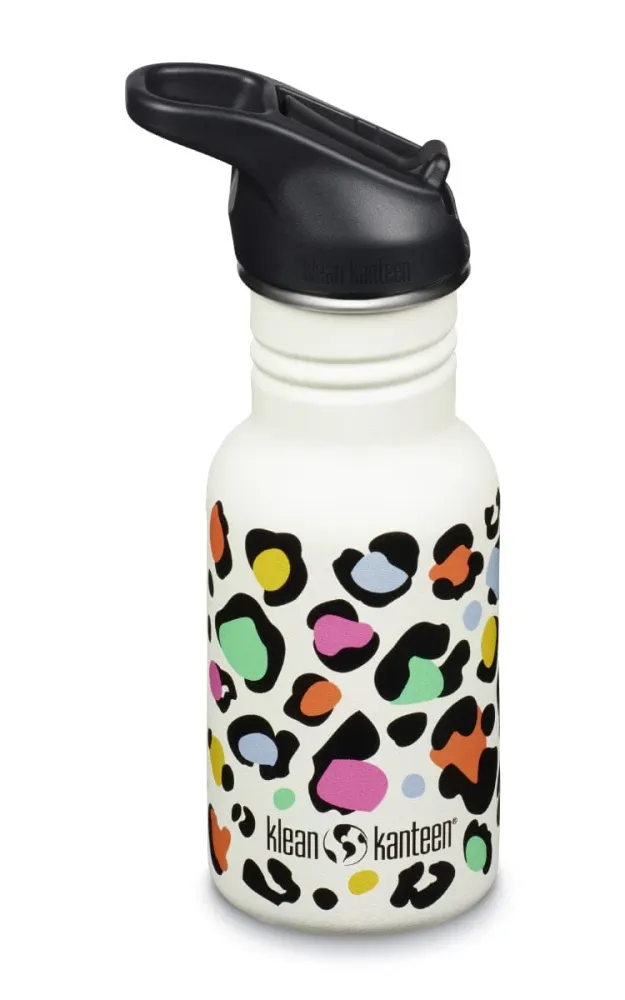 Klean Kanteen Kid's vandflaske i rustfri stål med Flip Seal Sport Cap og sugerør, Leopard Print, 355 ml