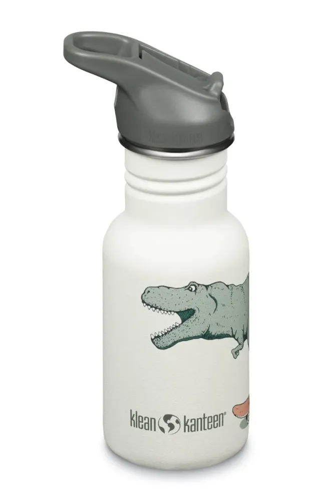 Klean Kanteen Kid's vandflaske i rustfri stål med Flip Seal Sport Cap og sugerør, Dino Skate, 355 ml