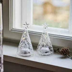 Sirius 'Cozy' Juletræer i mundblæst glas med LED-lys - 11,5 cm, sæt med 2 stk.