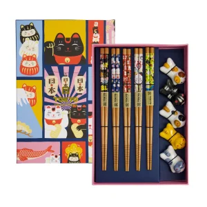 Spisepinde med holder gavesæt, Lucky Cats - 5 sæt