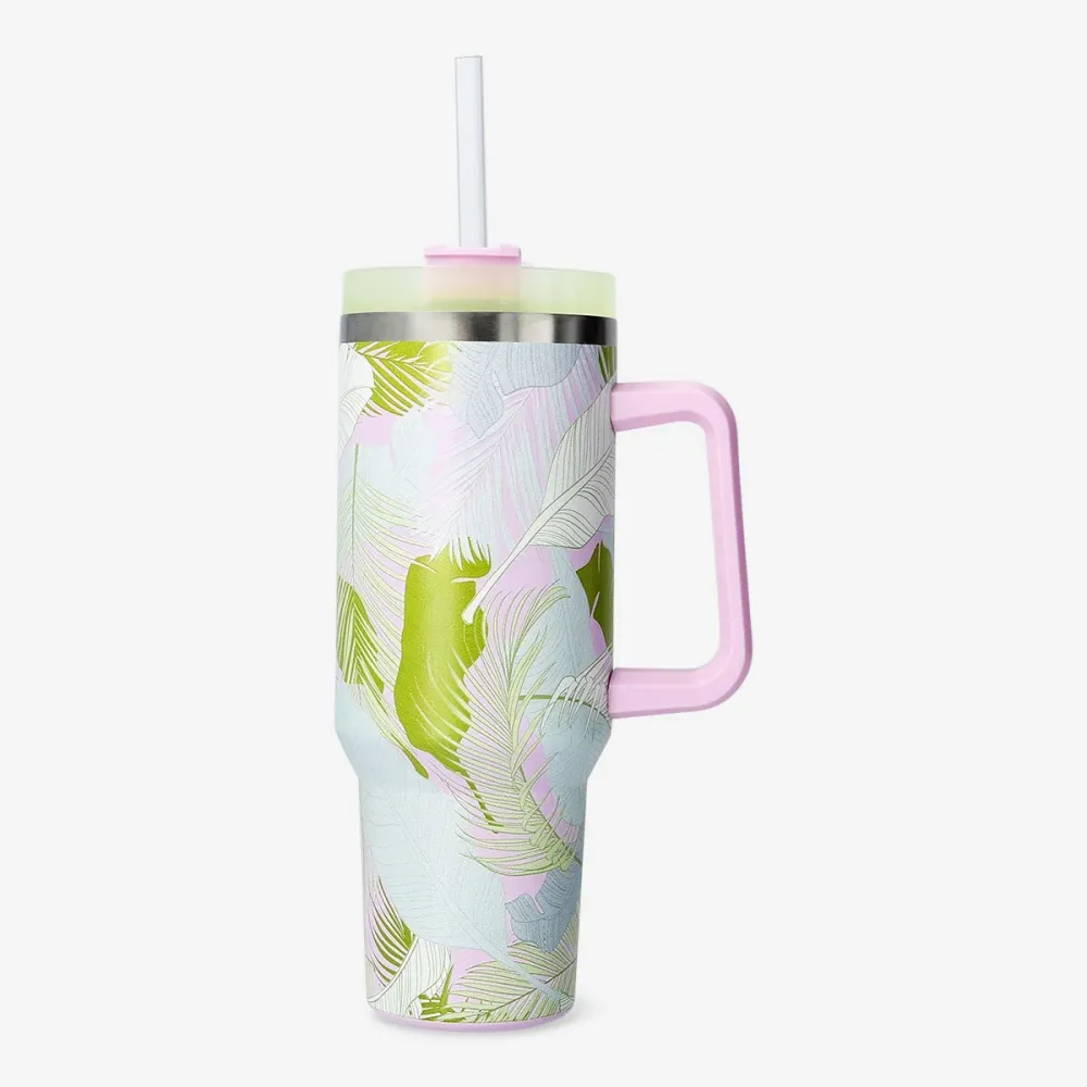 Tumbler med palmebladstryk, låg og sugerør - 1200 ml