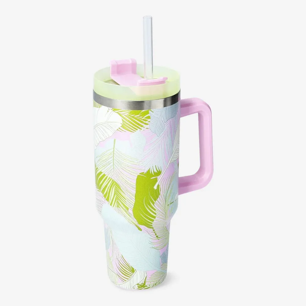 Tumbler med palmebladstryk, låg og sugerør - 1200 ml