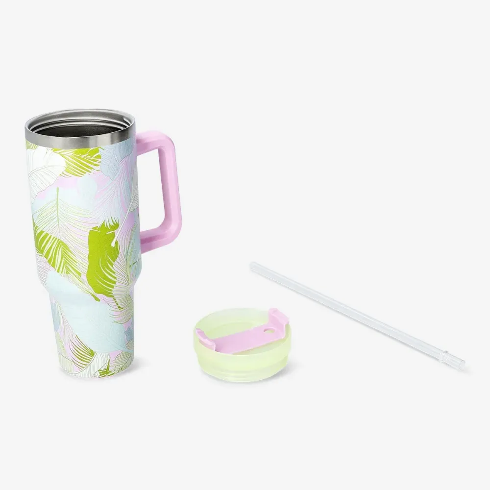 Tumbler med palmebladstryk, låg og sugerør - 1200 ml