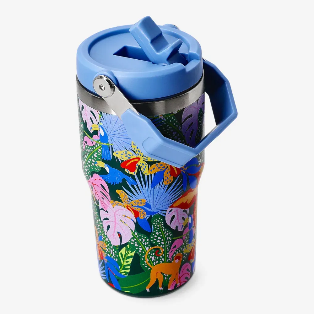 Tumbler med låg og sugerør - Jungleprint - 600 ml