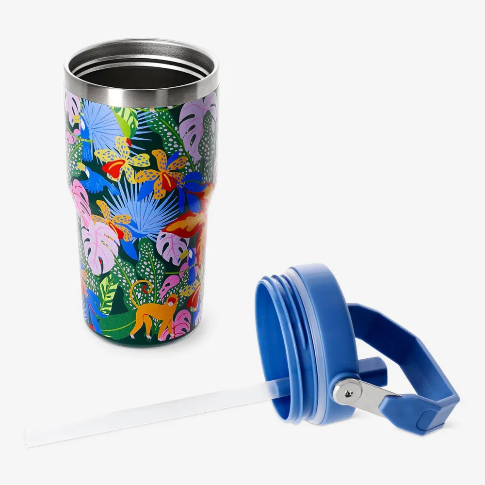 Tumbler med låg og sugerør - Jungleprint - 600 ml