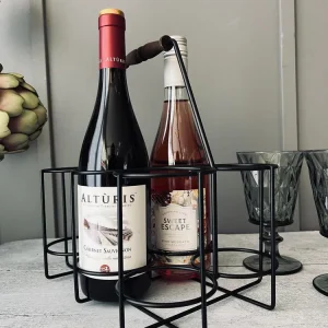 Vinholder til 6 flasker - Træ håndtag