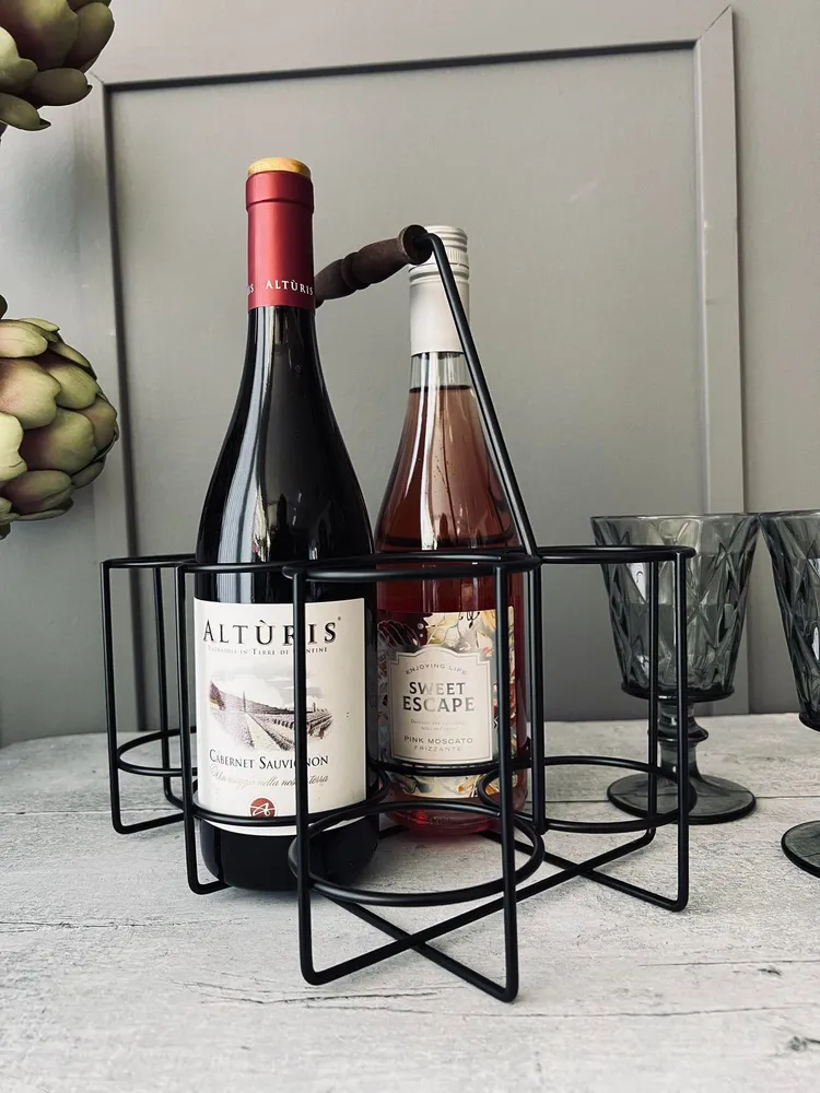 Vinholder til 6 flasker - Træ håndtag