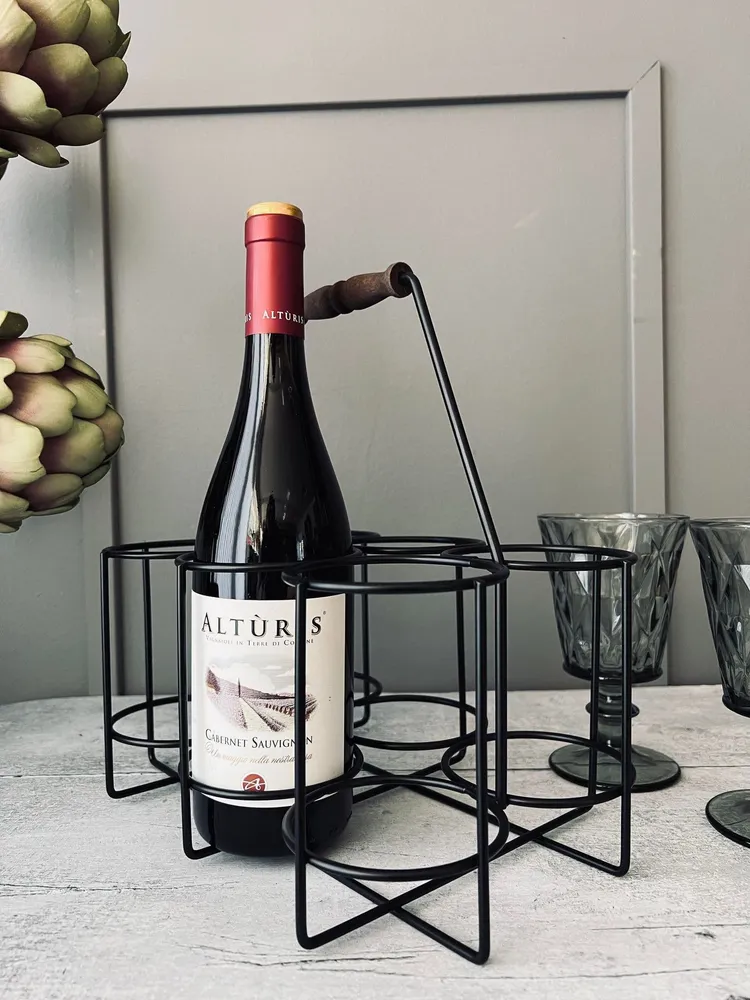 Vinholder til 6 flasker - Træ håndtag