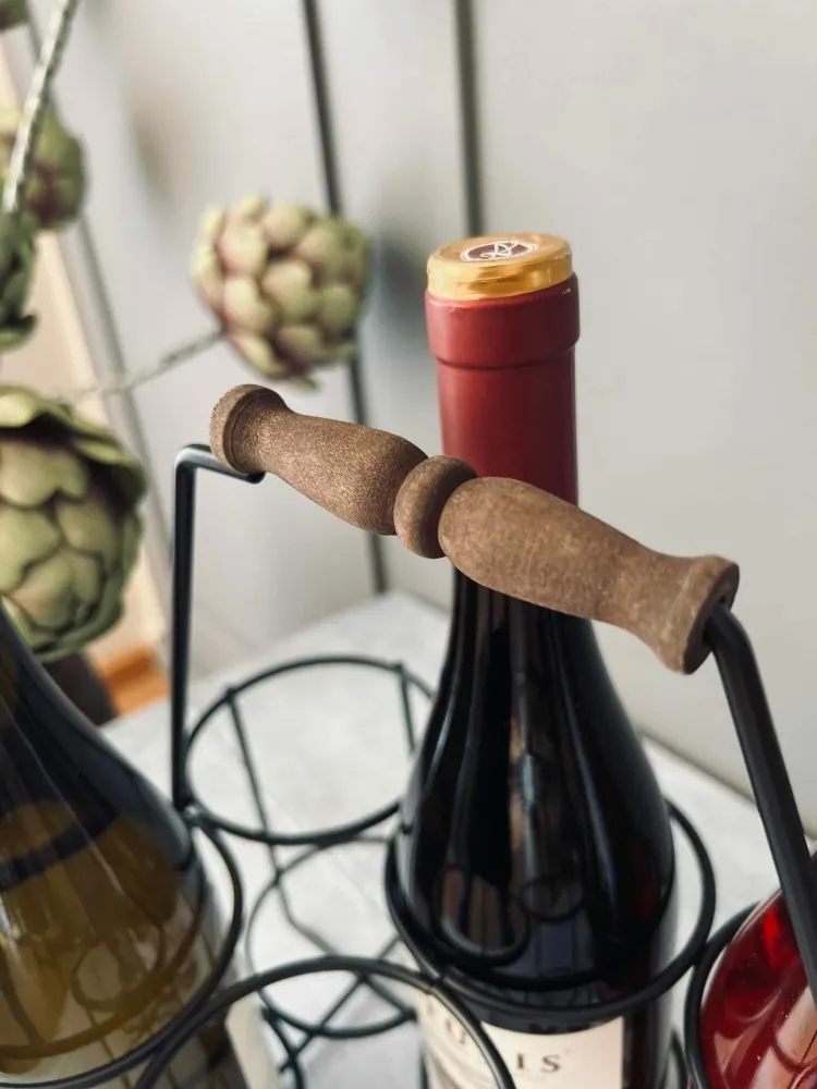 Vinholder til 6 flasker - Træ håndtag