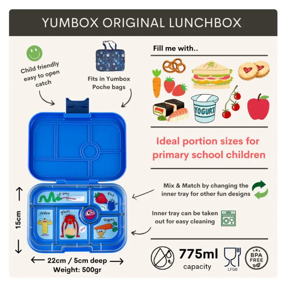 Yumbox madkasse m. 6 rum, Original - Funny monster - surf blue