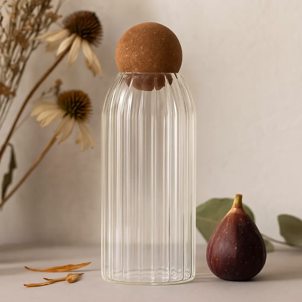 Glas Krukke Ribbet 20cm Med Kork Kugle Låg