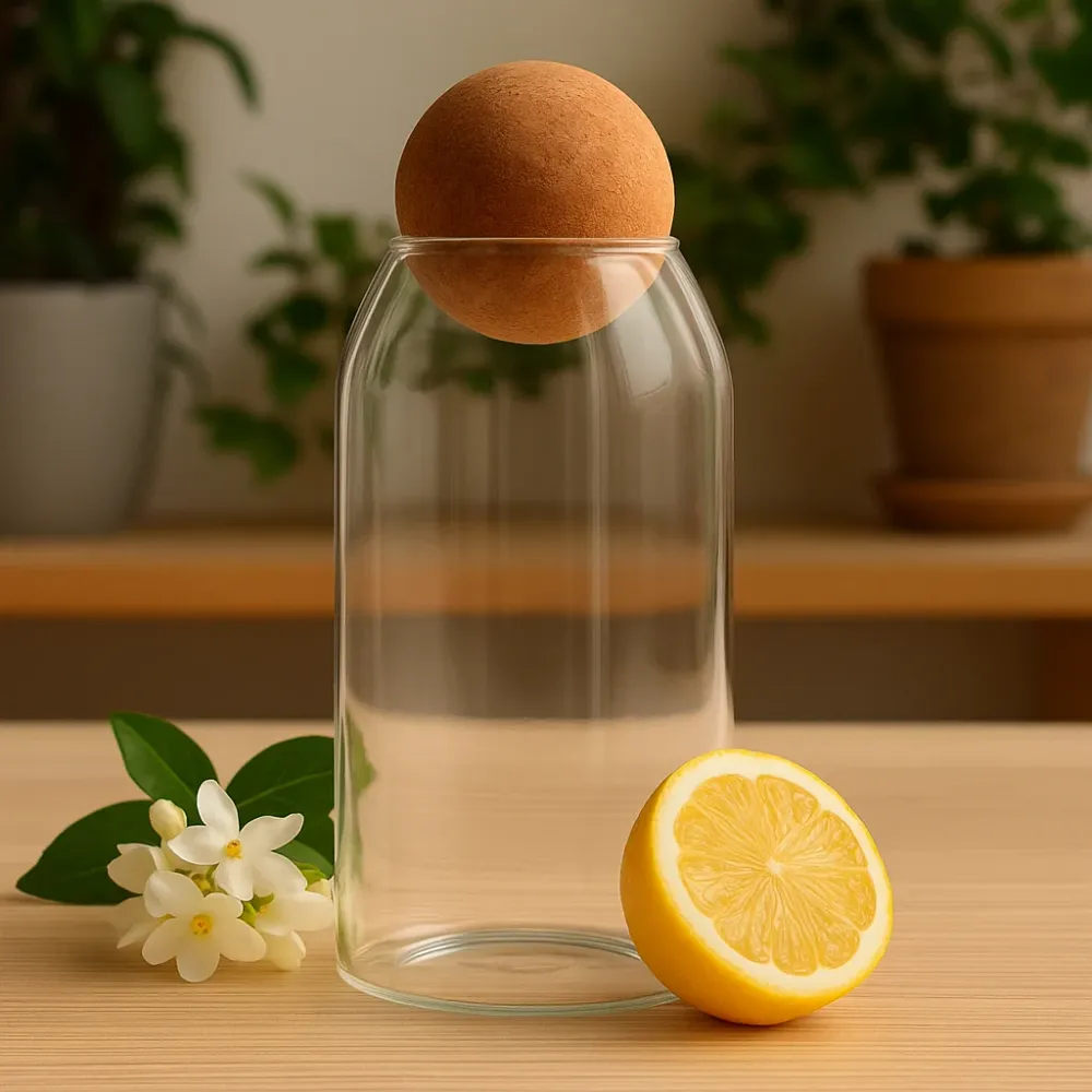 Glasbeholder med låg af korkkugle, klar 15cm