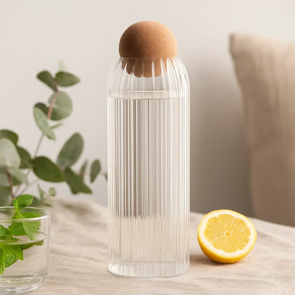 Glasbeholder med riller og korkkugle – 25 cm