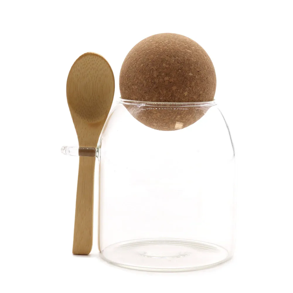 Glasbeholder med ske, låg med korkkugle 10cm