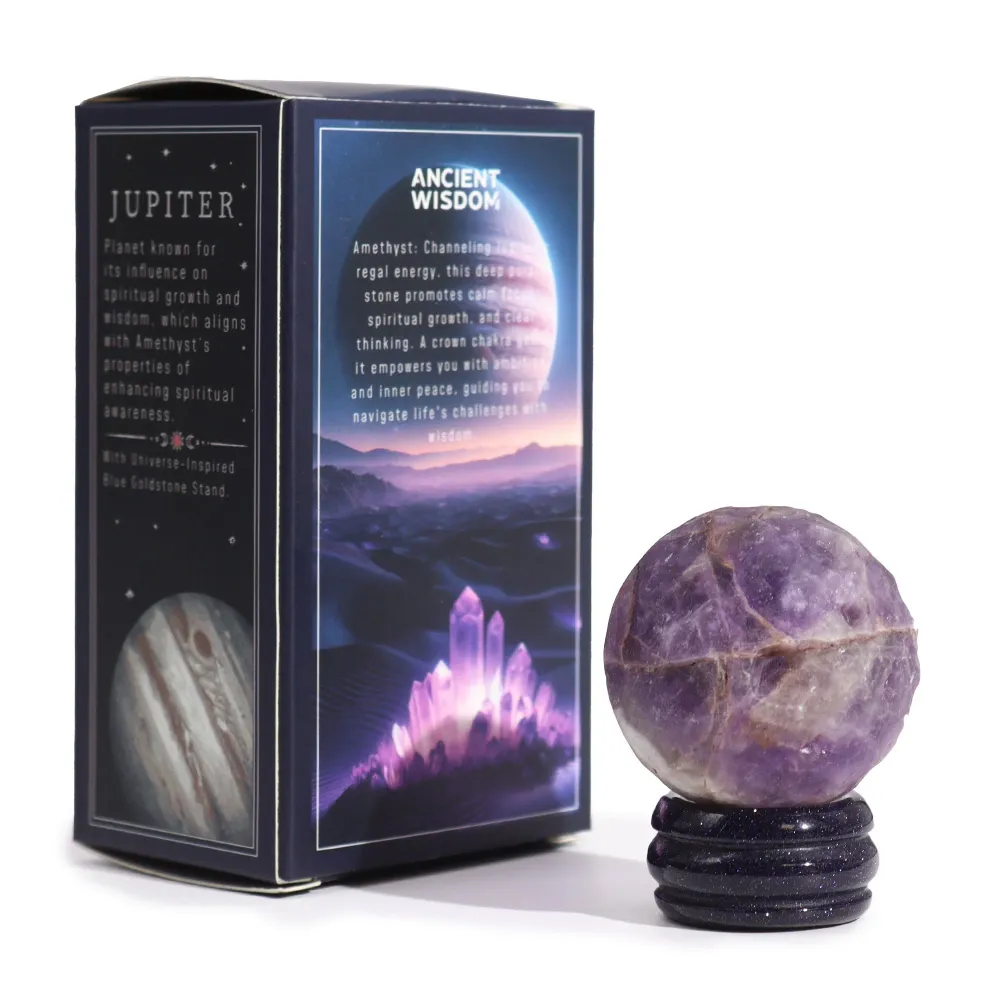Ametyst krystalsfære med Goldstone-stativ Jupiter