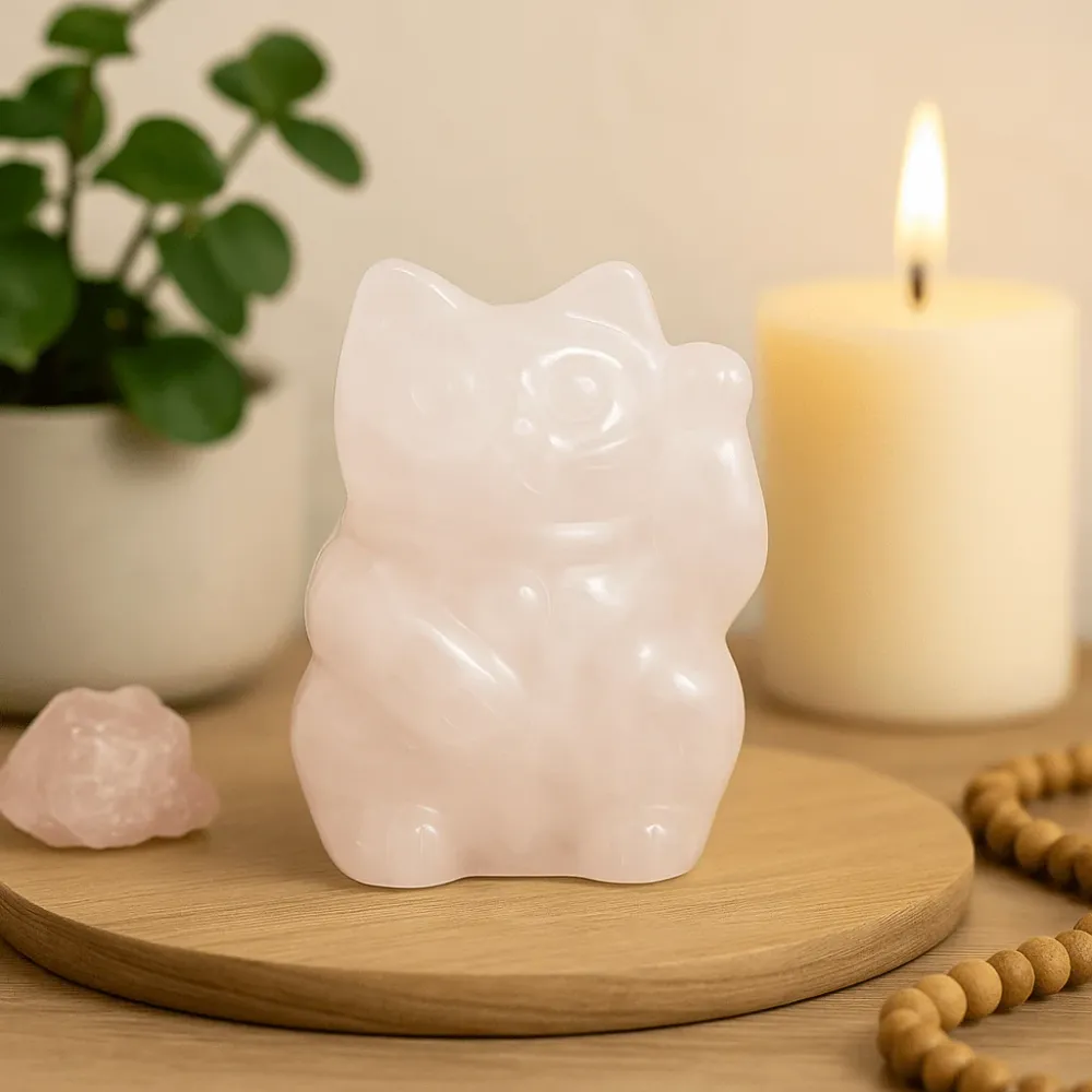 Rosenkvarts Heldige Kat Figurine 50x35x25mm