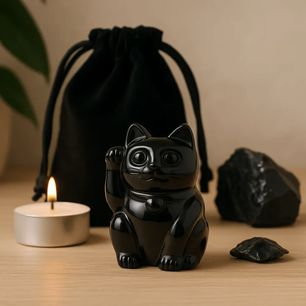 Sort Obsidian Heldige Kat Figur, 50x35x25mm