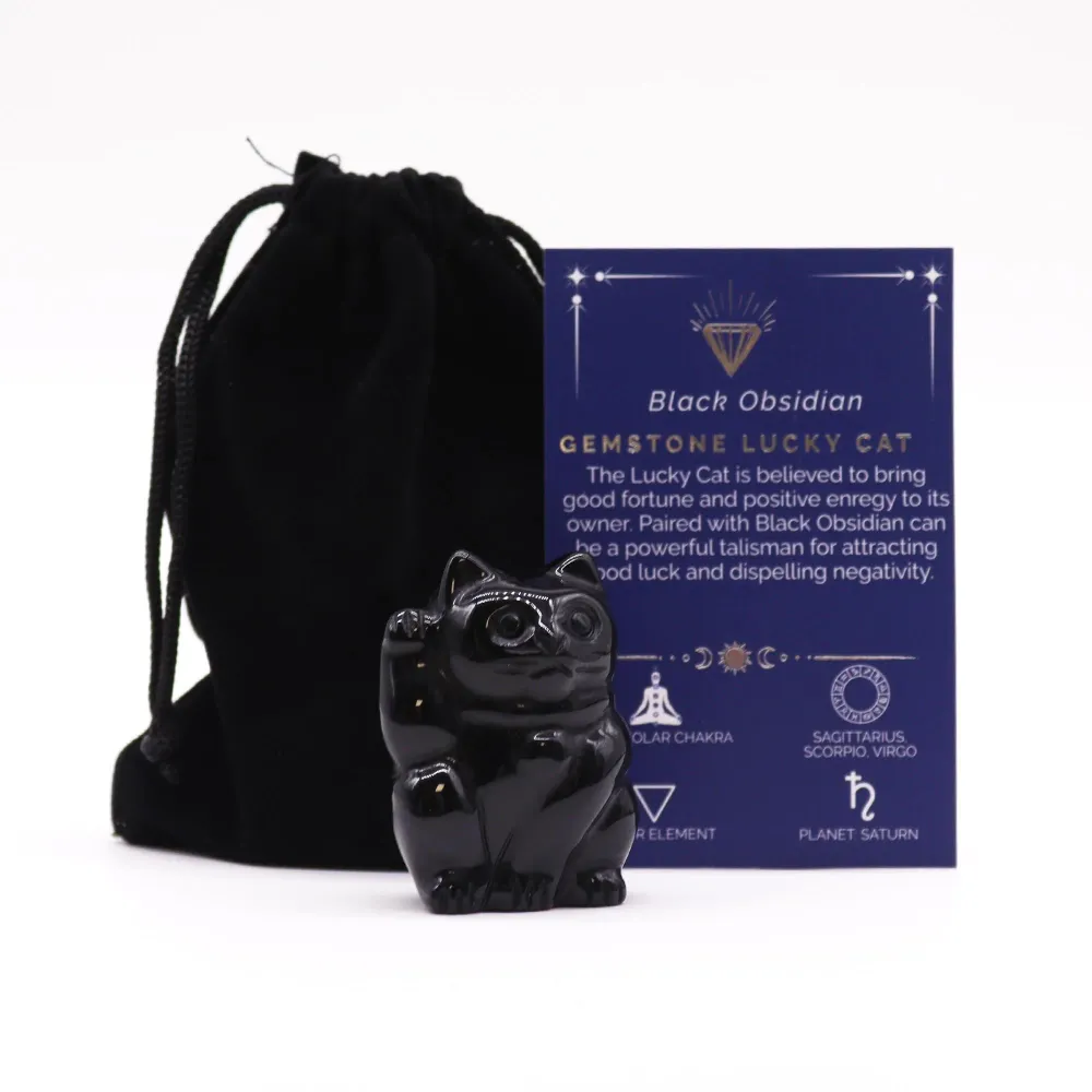 Sort Obsidian Heldige Kat Figur, 50x35x25mm