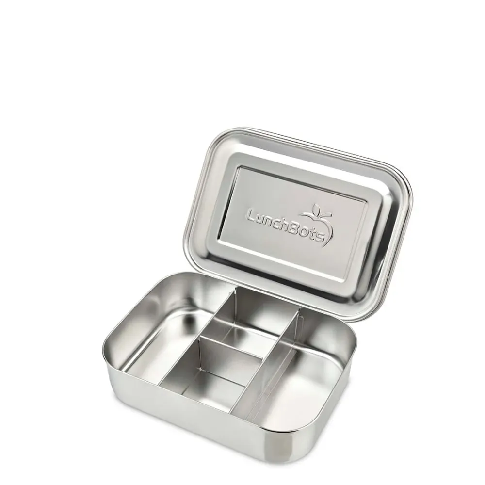 Lille snackboks i stain-free stål med fire rum fra LunchBots, 14 x 10 cm