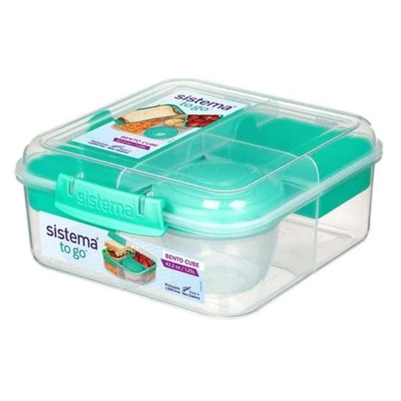 Sistema Bento Madkasse - Ruminddelt med Bæger - 1,25L - Klar/Minty Påfugl