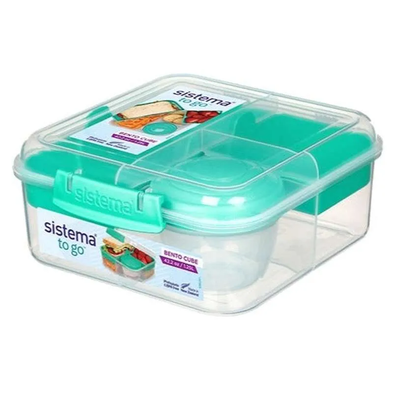 Sistema Bento Madkasse - Ruminddelt med Bæger - 1,25L - Klar/Minty Påfugl