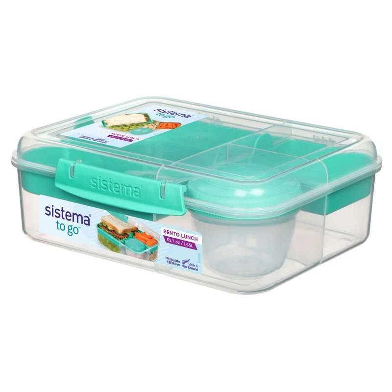 Sistema Bento Madkasse - Ruminddelt med Bæger - 1,65L - Klar/Minty Påfugl