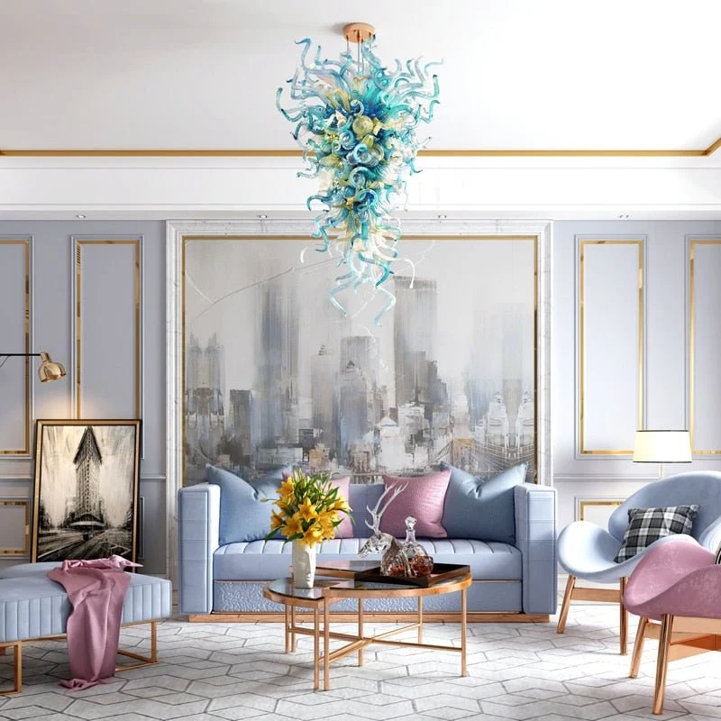 Luksus Hotel Villa Crystal Aqua Blå Håndblæst Murano-glaslysekrone ATY Home Decor