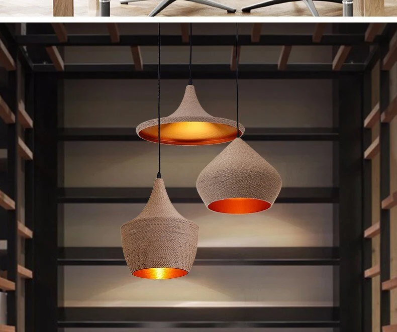 Sæt med 3 Pendellampeskærm Retro Nordic Hemp Rope Loft Home Industriel belysning til køkkenø Spisestue ATY Home Decor