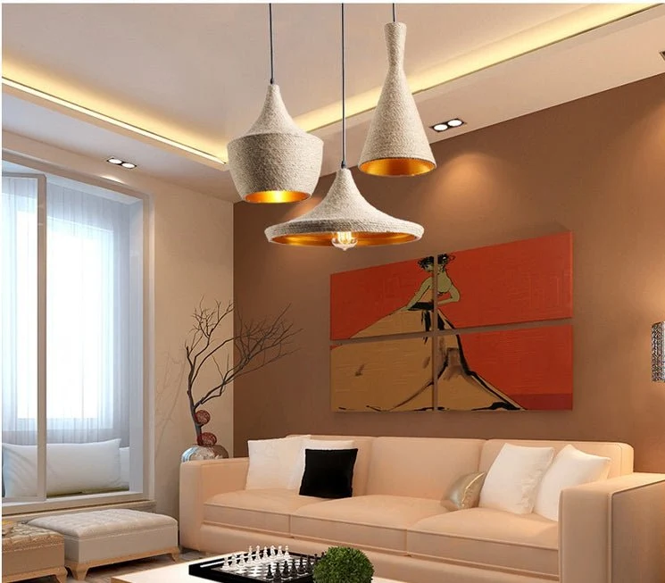 Sæt med 3 Pendellampeskærm Retro Nordic Hemp Rope Loft Home Industriel belysning til køkkenø Spisestue ATY Home Decor