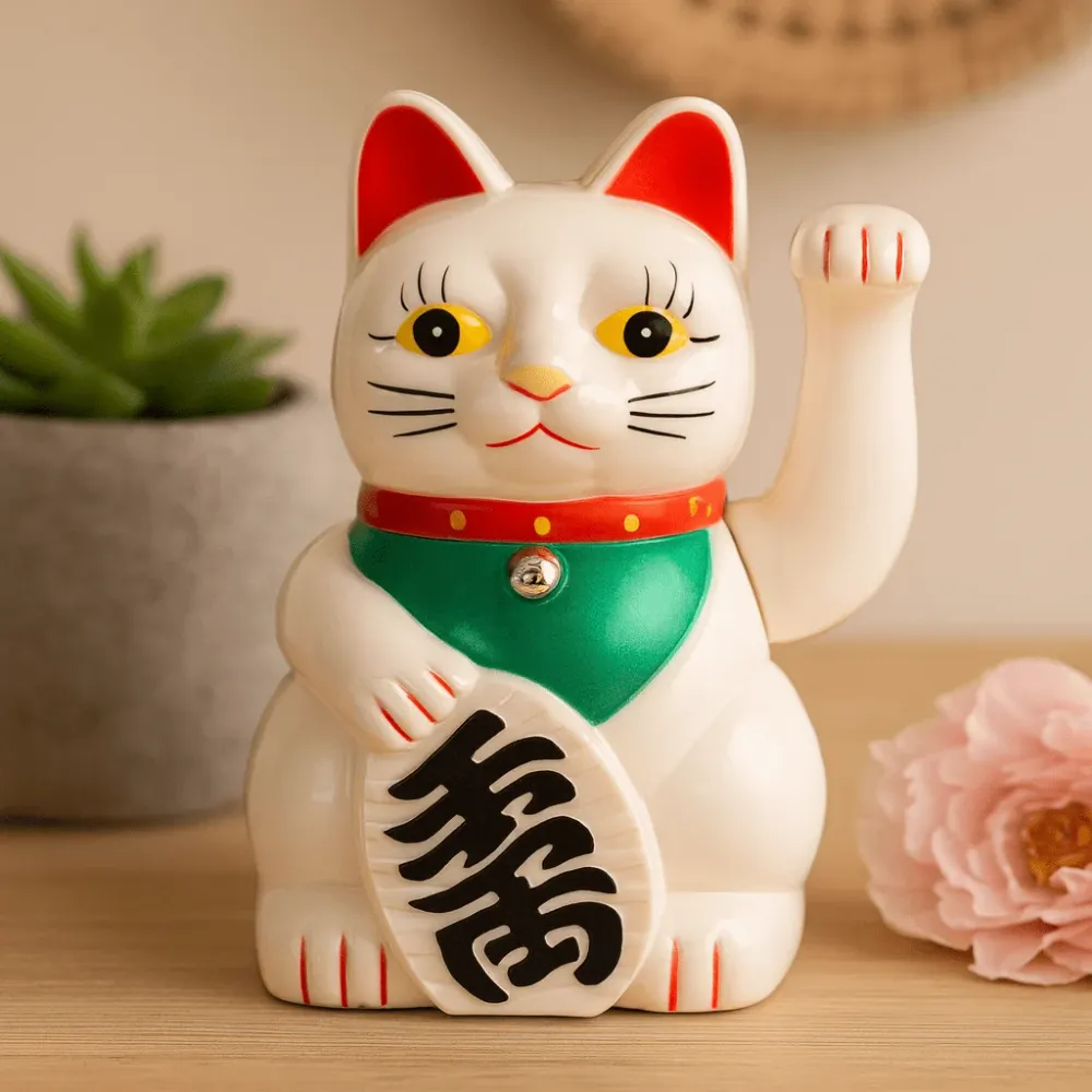 Maneki Neko Hvid Heldig Kat, 15 cm