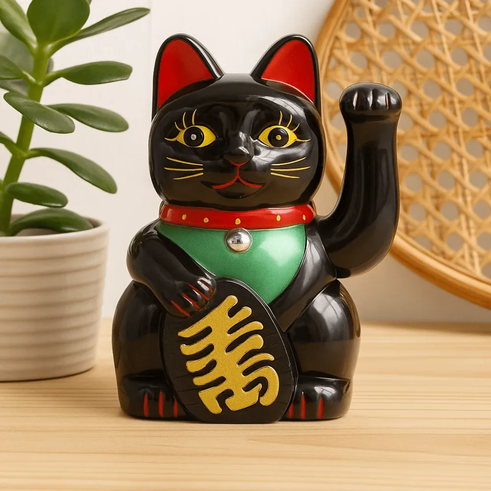 Maneki Neko Penge Kat Figur Sort 15 cm