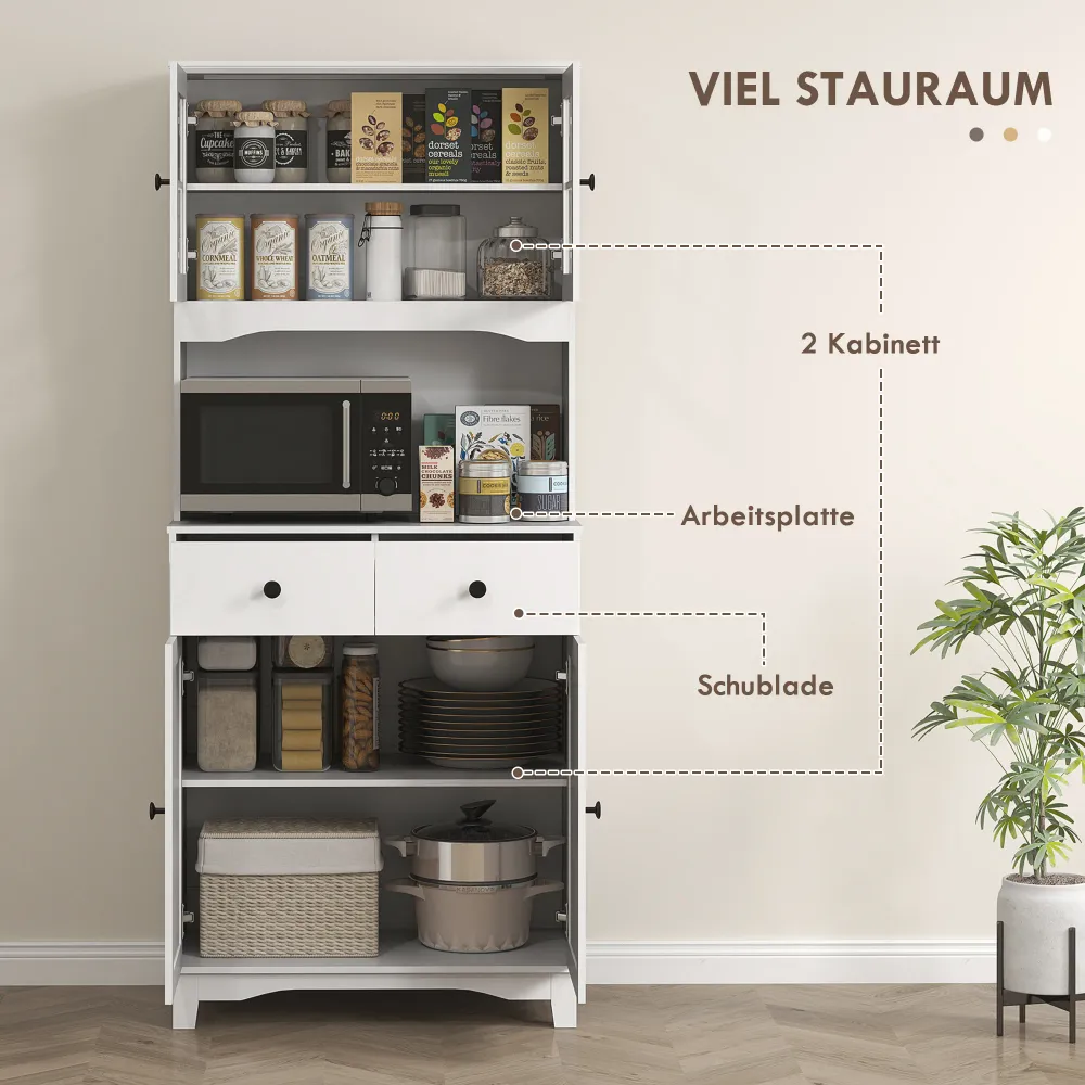 Fritstående køkkenskab med bordplade til mikrobølgeovn, kaffemaskine, skabe, vitrinelåger, alabast