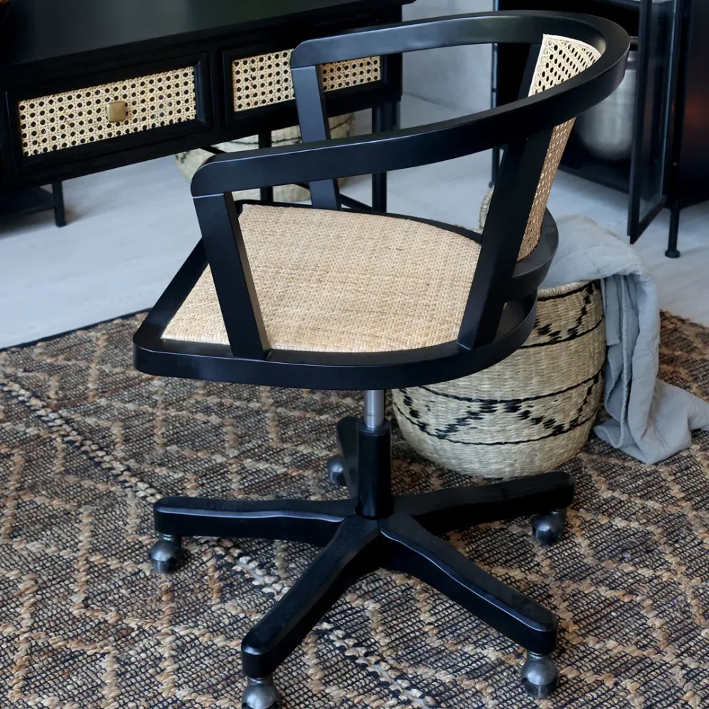 Chic Antique Fransk Kontorstol med Fletsæde & Ryg – H80/L60/B60 cm i Antique Ebony