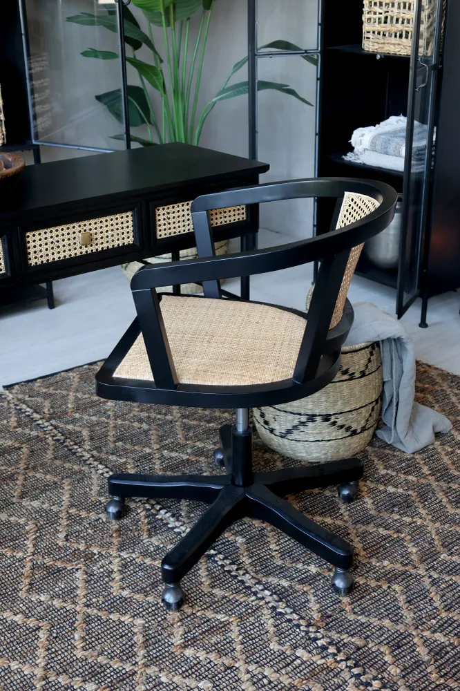 Chic Antique Fransk Kontorstol med Fletsæde & Ryg – H80/L60/B60 cm i Antique Ebony