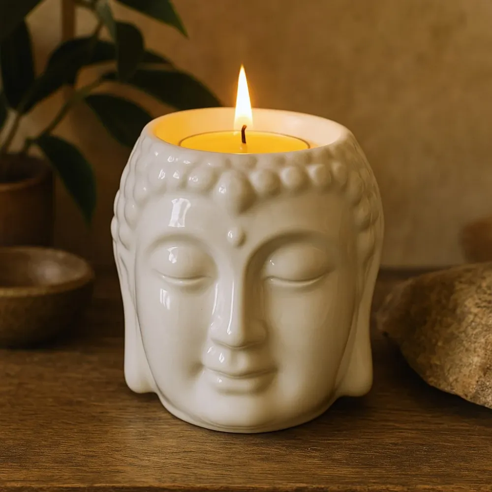 Buddha Hoved Tealight Oliebrænder, Hvid Keramik