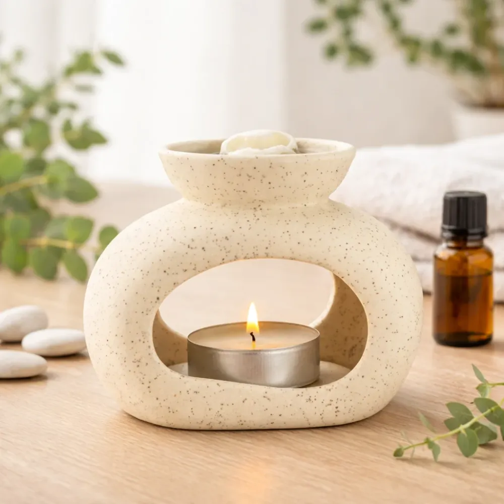 Keramisk Zen Oliebrænder - Oval Pebble - Spletteret Off-White