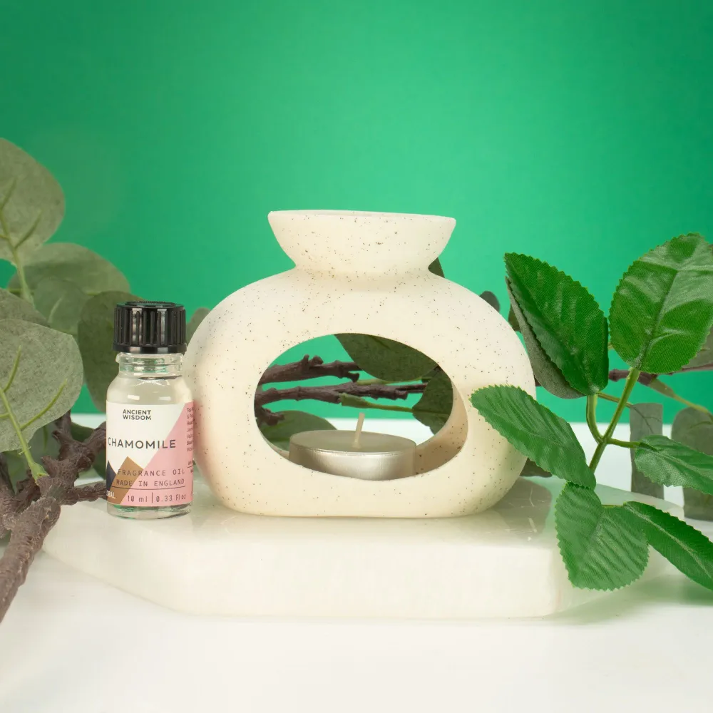 Keramisk Zen Oliebrænder - Oval Pebble - Spletteret Off-White