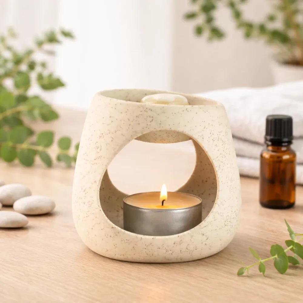 Keramisk Zen Oliebrænder - Rund Pebble - Spletteret Off-White