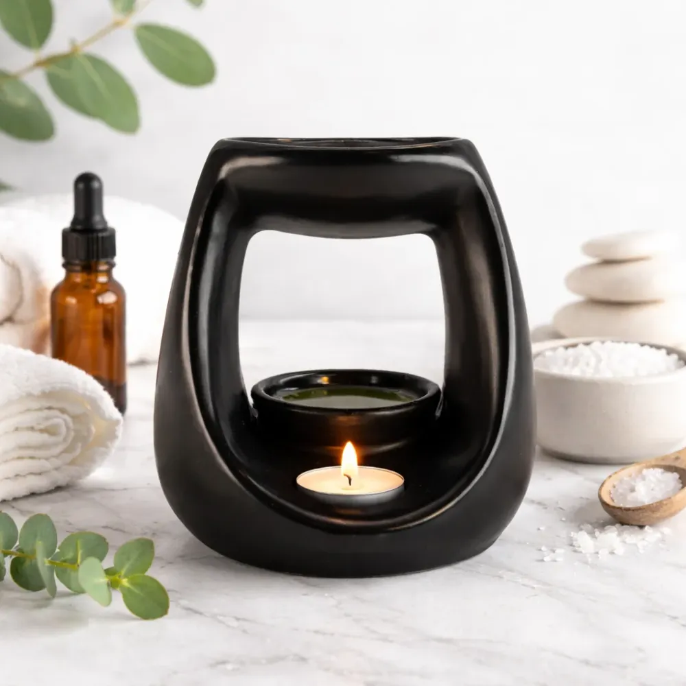 Keramisk Zen Oliebrænder - Stor Oval Pebble - Mat Sort