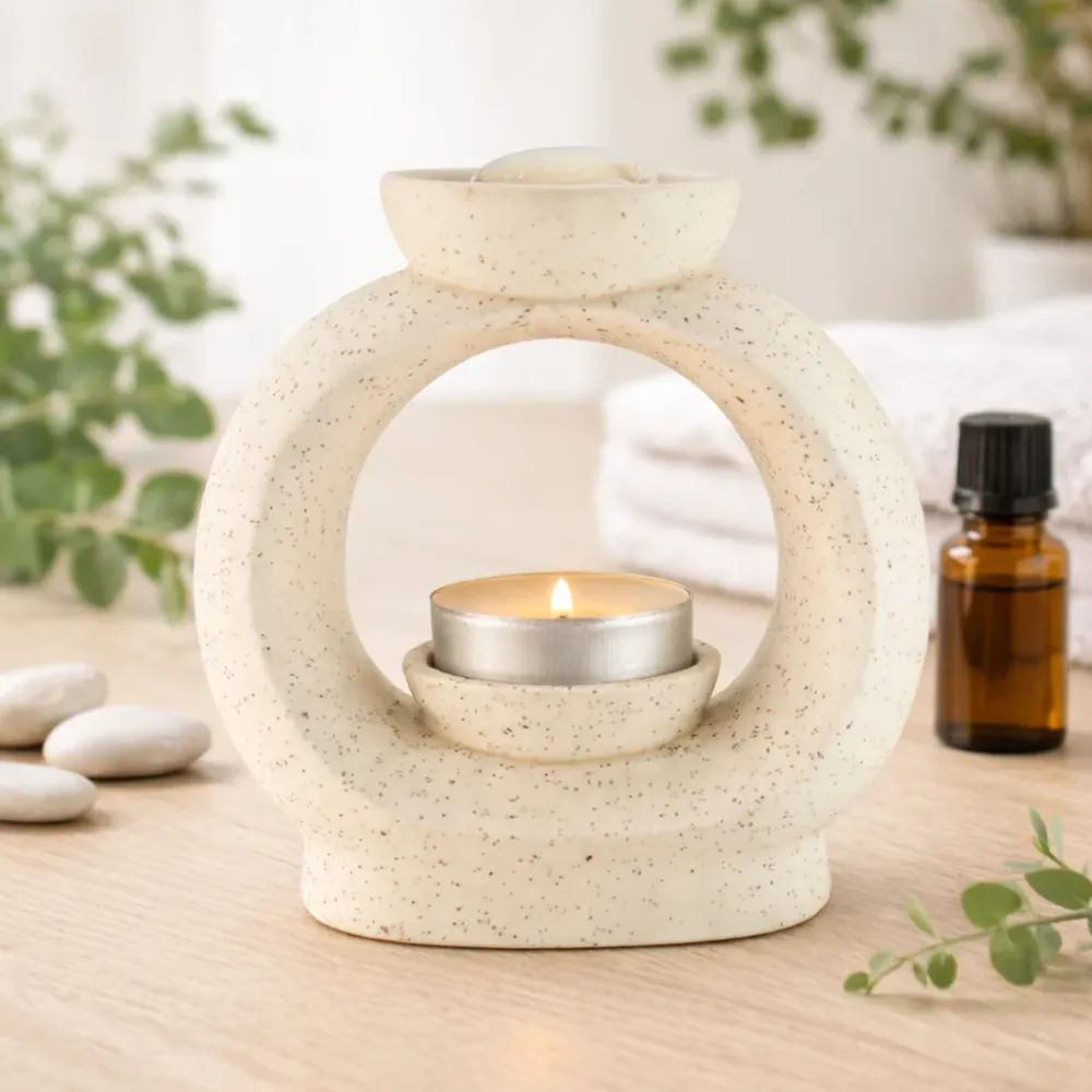 Keramisk Zen Oliebrænder - Stor Oval Pebble - Spletteret Off-White